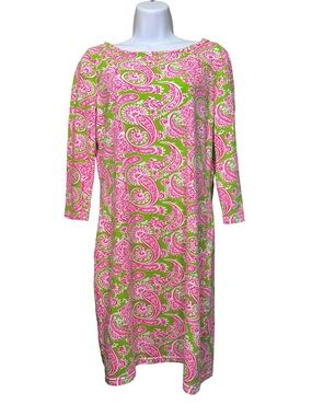 Gretchen Scott Dress Pink & Lime Paisley Boatneck 3/4 Sleeve Size Small